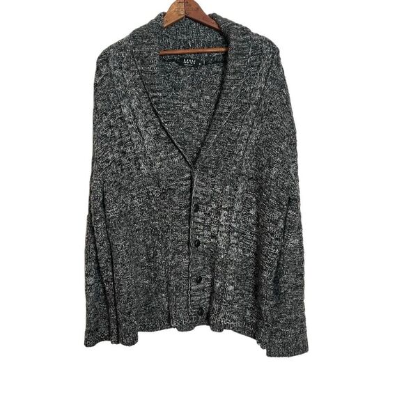Boohoo Man Button Front Shawl Collar Marled Knit Cardigan Black Size Medium - Picture 2 of 9